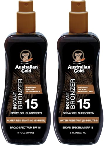 Image of Australian Gold Spray Gel Sunscreen with Instant Bronzer SPF 15, 8 Ounce | Moisturize & Hydrate Skin | Broad Spectrum | Water Resistant | Non-Greasy SPF 15 8 Fl Oz (Pack of 2)