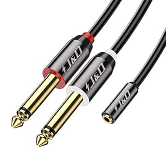 J&D 3.5 mm to 2 x 6.35 mm Cable, Gold Plated Copper Shell Heavy Duty 3.5mm 1/8 inch Female TRS to 2X 6.35mm 1/4 inch Male TS Stereo Audio Adapter Cable for iPhone, Amplifiers, 6 Feet