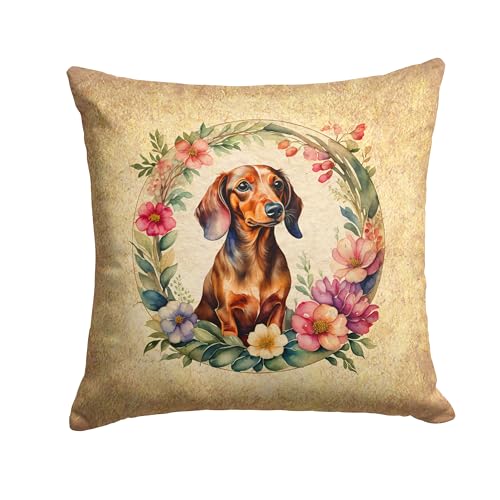 Caroline's Treasures DAC2126PW1818 Dachshund and Flowers Fabric Decorative Pillow Machine Washable, Indoor Outdoor Decorative Pillow for Couch, Bed or Patio, 18Hx18W