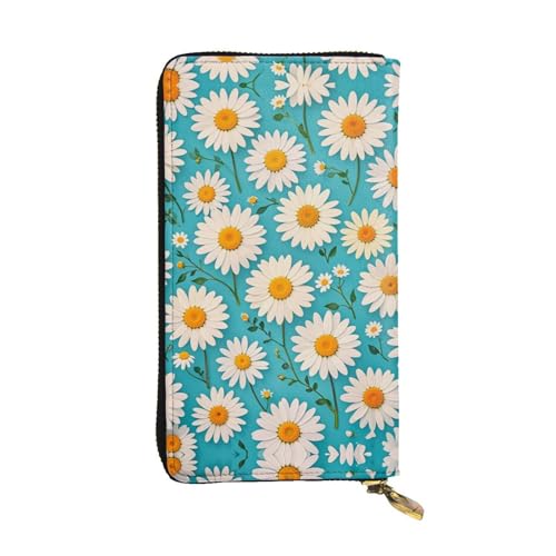 Women's Long Cash Wallet, PU Leather Elegant Clutch Change Purses with Zipper, Travel, Gifts (White Daisy Print)