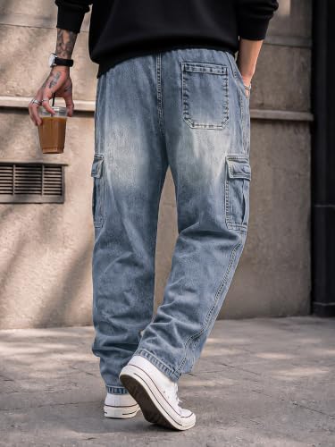 Image of JMIERR Men's Stretch Cargo Jeans Loose Straight | Over 60% Cotton Blend, Stretch Denim, Drawstring Waist, 5-Pocket Design, Loose Straight Fit, Casual Workwear Jeans