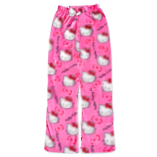 Kitty Pijamas Pantalones De Franela, Kawaii Pantalon pijama mujer, Mujer Pantalón de Pijama Largos, Anime Pantalones De Pijama De Dibujos Animados Para Mujeres De Invierno Cómodos (L)