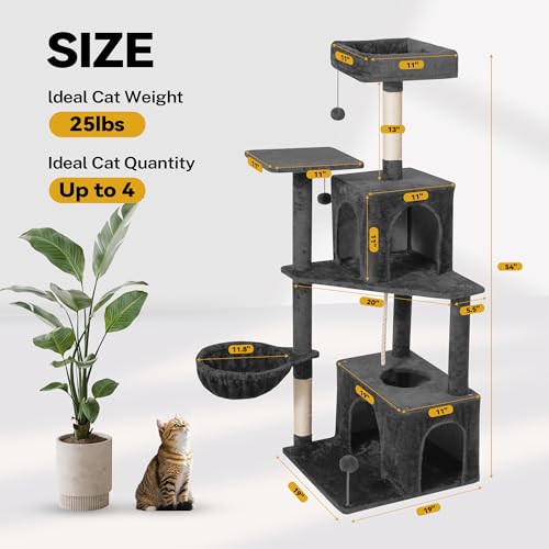 Image of 54inch Large Cat Tree Tower Condo with Hammock for Indoor Cats, Soft Plush Multi-Level Climbing Tree Cat House with Cat Cave, Scratching Post, Sisal Rope, Grey Black