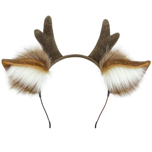 MUNSKT Handmade Faux Fur Cat Ear Headband Deer Antlers Headbands Reindeer Ears Fluffy Wolf Fox Cat Ears Headband Costume Hair Hoop Cute Head Accessories for Halloween Christmas (Reindeer Ear)