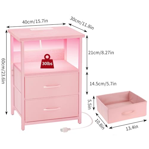 Image of Fixwal Night Stand with Charging Station, LED Nightstand with U-S-B Ports and Outlets, 2 Fabric Storage Drawers with PU Finish, Small Bedside Table, Pink