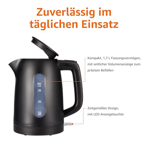 Amazon Basics Wasserkocher 1,7L, 2200 W, BPA-frei mit 360° Basis, Automatische Abschaltung und Herausnehmbarem Kalkfilter, Mattschwarz