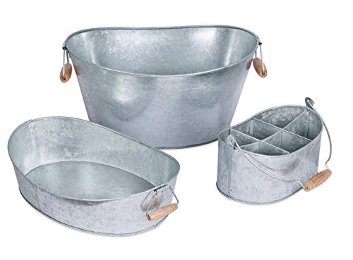BirdRock Home Galvanized Beverage Tub, Caddy and Tray Set - 3 Piece