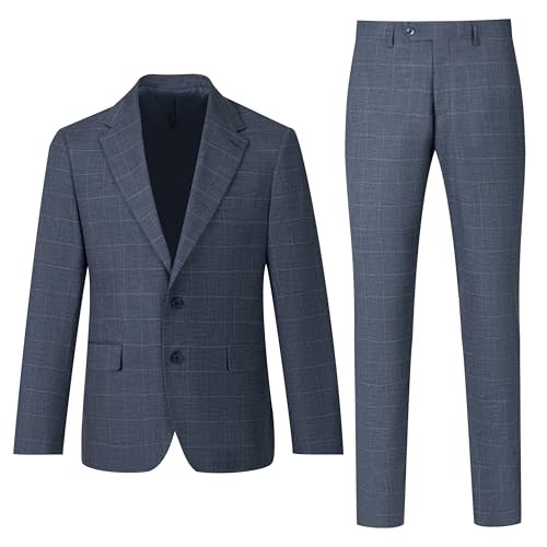 Men's Windowpane Check Suit, Navy Blue, 2-Piece Slim Fit, Two-Button Blazer with Matching Pants