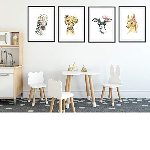 Nacnic Set of 4 posters for children and children's room Scandinavian style with flowers A3Animales size unframed