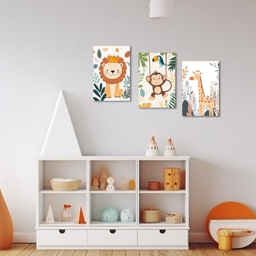 CXHOSTENT Safari Nursery Wall Art Set of 3 Woodland Animals Canvas Prints Cute Animal Baby Picture Jungle Safari Theme Painting for Boy Girl Kids Room Framed (Beige, 11x14inchx3 Pieces) by CXHOSTENT - Used condition - Image 4