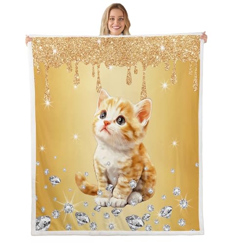 Castle Fairy Yellow Sequin Fluid Art Throw Blanket for Kids,Kawaii Kitten Pet Animals Fleece Throw Blanket for Bedroom Sofa Dorm Decor,Cat Lightweight Bed Blanket,40 x 50 Inches