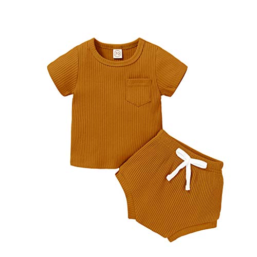 Newborn Baby Girls Boys Summer Clothes Sets Short Sleeve Solid T Shirt + Shorts Toddler Outfits 2Pcs (Brown T-Shirt and Shorts, 6-12 Months)