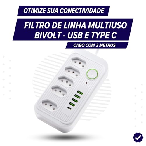 Filtro de Linha Bivolt 5 Tomadas, 4 USB, 1 USB-C, Cabo de 3m, 110-220V, Potência 2500W – Extensão e