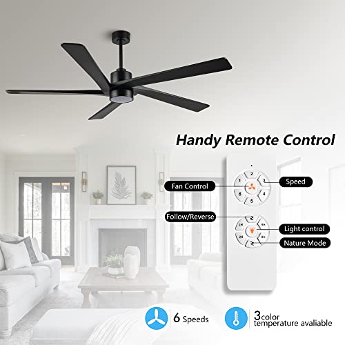 WINGBO 54" DC Ceiling Fan with Lights, 5 Carved Solid Wood Blades, 6-Speed Reversible DC Motor, Matte Black Finish Ceiling Fan with Remote, Black by WINGBO - Image 2