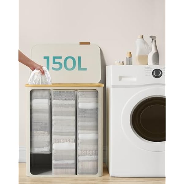 SONGMICS Корзина для белья с крышкой и 3 отделениями, 150 л, съемный мешок, ткань Oxford, бамбуковые ручки, складная, 60 x 38,5 x 70,5 см, кремово-белый LCB515W01