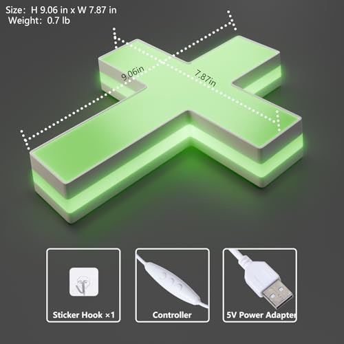 Image of Anrookie 3D LED Neon Cross Sign, USB-Powered Custom Neon Light with 5-Level Dimmer, 5 Color Options, Decorative Wall Art for Home, Bedroom, Church, Party, and Gifts (9x8 in) (Emerald Green)