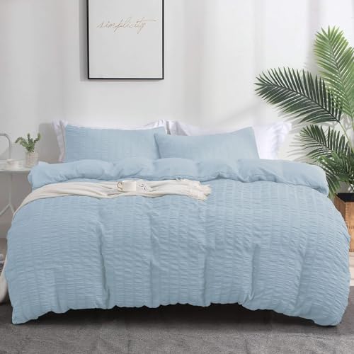 Boqingzhu Seersucker Bettwäsche Blau 135x200cm Sommer Atmungsaktiv Kühlende Wende Bettwäsche Set Bettbezug 135x200cm und Kissenbezug 80x80cm mit Reißverschluss
