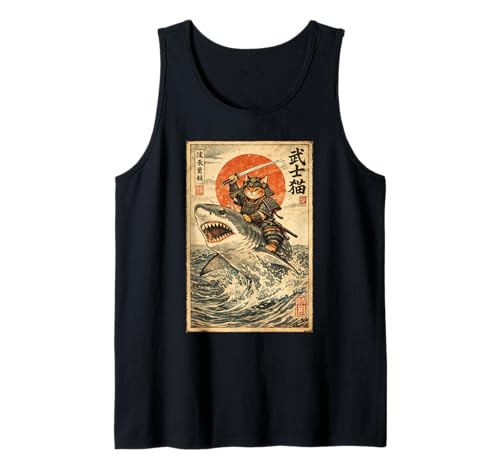 Samurai Cat Riding Shark | Ukiyo-e Art, Samurai Cat Tank Top
