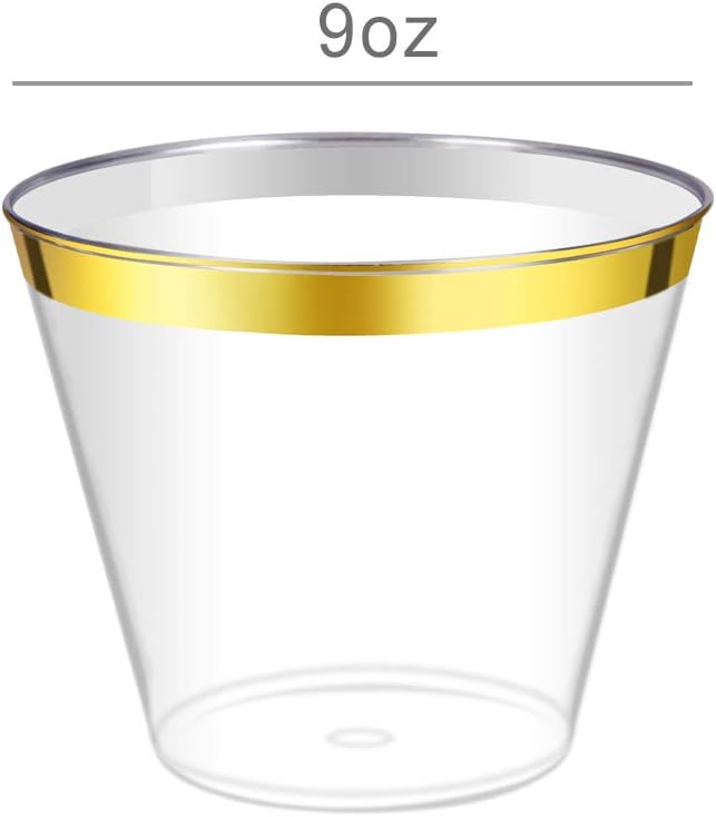100 Count 9oz Disposable Clear Cup-Gold Trim Cup/Old Fashioned Tumblers/Plastic Wedding Cups /Fancy Party Cups