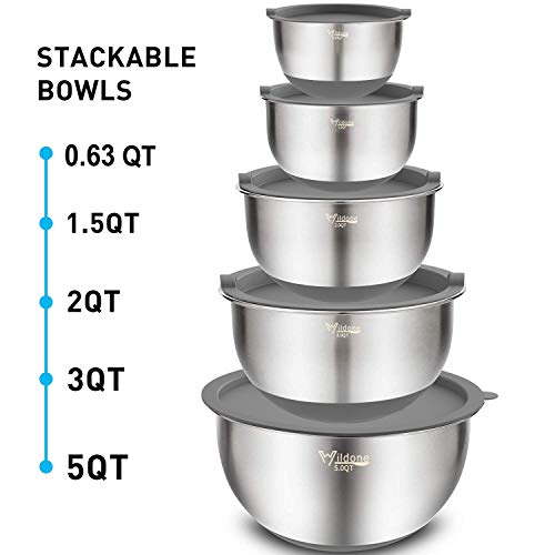 Mixing Bowls Set Of 5, Wildone Stainless Steel Nesting Bowls With Grey Airtight Lids, 3 Grater Attachments, Measurement Marks & Non-Slip Bottoms, Size 5, 3, 2, 1.5, 0.63 Qt, Ideal For Mixing & Serving #TOP6