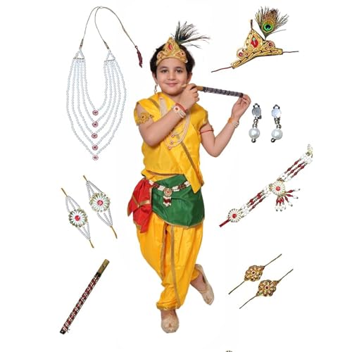 Image of Kaku Fancy Dresses Krishna Costume With Dhoti For Boy /Janmashtami /Bal Gopal Dress /Kanha Costume /Bal Krishna /Mythological Costume For Boy - Yellow-Red, 1-2 Years