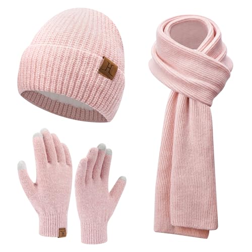 Femme Hiver Bonnet Chapeau Écharpe longue Gants Tactiles Écran Ensemble Chaud Tricot Polaire Doublé Casquette Foulard Gant Cadeaux de Noël Anniversaire pour Femmes