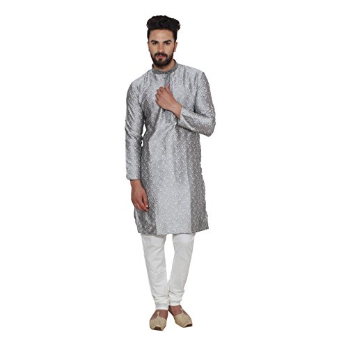 Kurta de hombre gris seda jacquard Sojanya churidaar pyjama talla 44