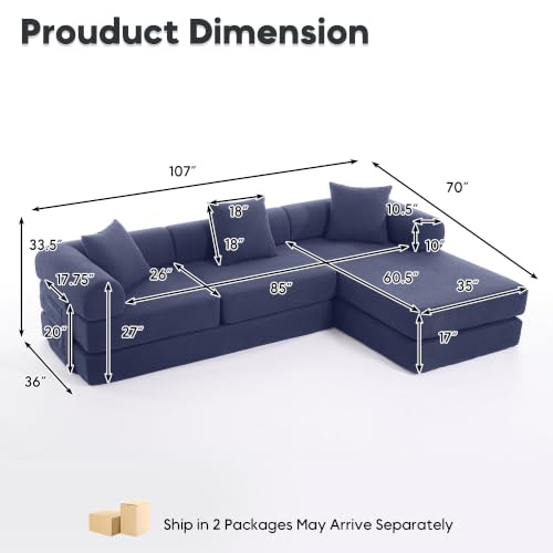 Image of 107 inch Modular Sectional Sofa Bed, L-Shape Corduroy Boneless Couch, Blue