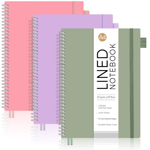 AUTEMPO A4 Notebook Lined, 3 Pack Notepad Wirebound Spiral Notebooks 110 Pages for Writing, 100gsm Thick Paper, PVC Cover, for Women Men Work Office School, 21.6 x 27.9cm, Green,Pink,Purple