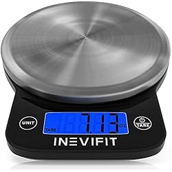 مقياس المطبخ الرقمي INEVIFIT ، مقياس طعام متعدد الوظائف عالي الدقة 13 رطلاً 6 كلغ كحد أقصى ، أسود حديث نظيف مع تشطيب فولاذ مقاوم للصدأ. يشمل البطاريات