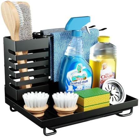 Sponge Holder for Kitchen Sink, Stainless Steel Kitchen Sink Organizer with 360°Rotatable Dishcloth Holder,kitchen Sink Caddy With Removable Drain Tray, Quick Drying Sink Sponge Holder