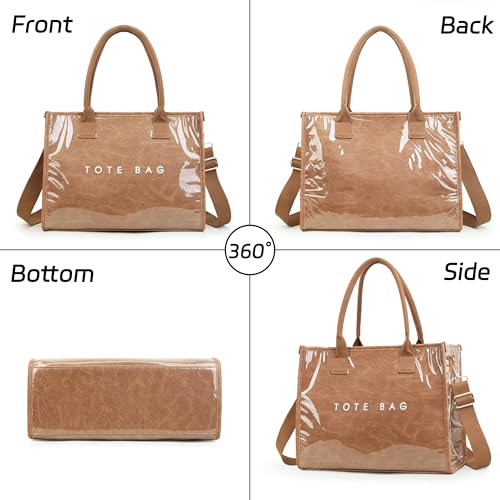 Image of GISMTR PVC Tote Bag for Women Large Letters Print Hobo Handbags Kraft Paper Shoulder Bag with Strap for Work Travel