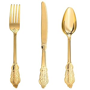 N9R 300pcs Gold Plastic Silverware Dinnerware Flatware- Heavyweight Gold Plastic Cutlery Set, 100 Gold Forks, 100 Gold Spoons, 100 Gold Knives, Gold Utensils for Party, Wedding,Birthday
