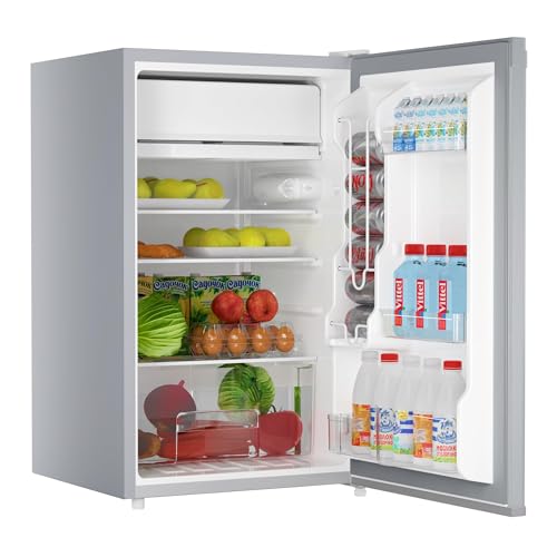 ElfinAura 4.3 Cu.Ft Mini Fridge With Freezer, Single Door Mini Fridge, 7 Adjustable Thermostat, 3 Removeble Shelves,Energy-Efficient Low Noise, Compact Fridge for Bedroom, Office, Dorm,Grey