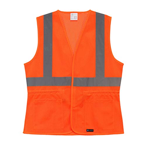 West Chester 47208 Class 2 High Visibility Ladies Fitted Mesh Vest - Orange, Small/Medium, Safety Vest With 2 Exterior Pockets, Reflective Tape Pattern #TOP1