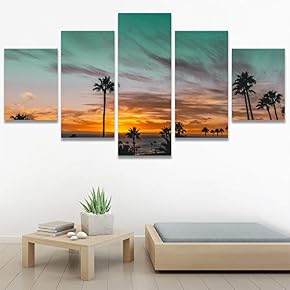SIGNWIN 5 Panel Canvas Wall Art Palm Tree...