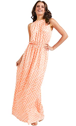 KOH KOH Plus Size Womens Long Sexy Sleeveless Halter Neck Summer Spring Formal Flowy Chevron Graphic Print Casual Evening Wedding Guest Gown Gowns Maxi Dress Dresses, Coral & Peach XL 14-16