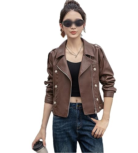 Veste en simili cuir solide fermeture éclair manteau court et mince pour femme