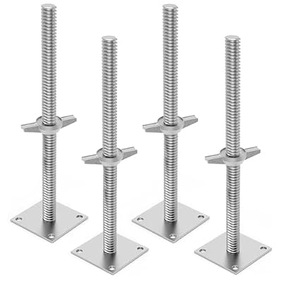 4-Pack Solid Jack Scaffolding Equipment Set, 18" Adjustable Galvanized Jack, Screw-On Base Plate Scaffolding Support Legs, for Baker Style Scaffolding