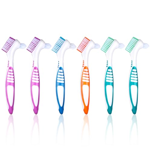 FNANJWQ 6 Pcs Denture Brush Denture Toothbrushes，Denture Cleaning Care Cleaning Brush with Double Sided Design, Dentures Care Essentials Multi-Layered Bristles and Rubber Anti-Slip Handle