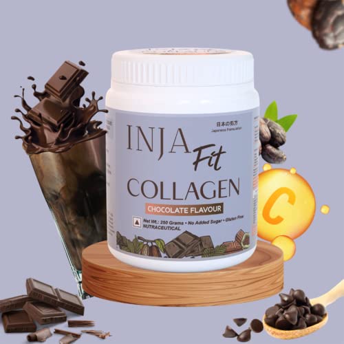 Image of INJA Fit Hydrolyzed Marine Collagen Supplement Powder for Women & Men, Japanese formulation Collagen with Vitamin C, Healthy Joints, Muscles, Skin, Hair, Sugar-Free, Gluten-Free, Chocolate Flavor, 250 gm