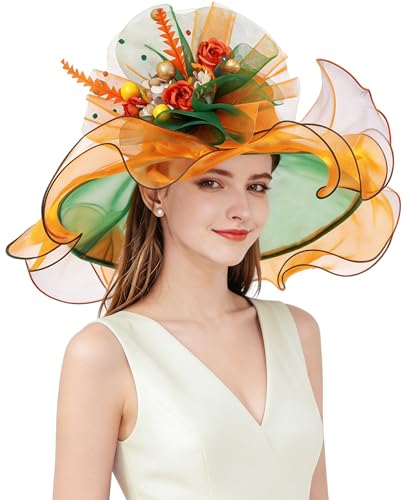 Z&X Womens Organza Derby Church Hat Fancy Rose Fascinator British Wedding Tea Party Hat Orange Green