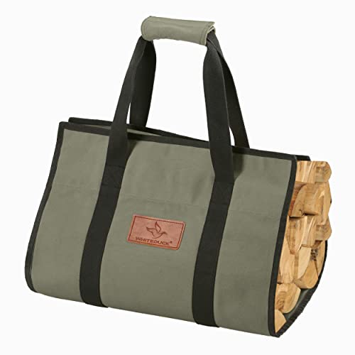 WHITEDUCK TUFF Large Firewood Carrier 21 Oz. Heavy Duty Waxed Canvas Log Carrier Holder for Fireplace, Carrying Wood Indoor & Outdoor (Olive, Rectangle (39"x18"))