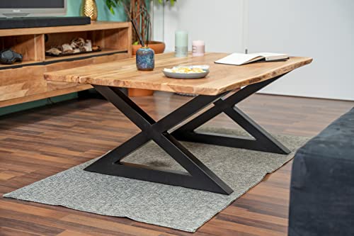SAM Couchtisch 120x80 cm Quintus, echte Baumkante, Akazienholz naturfarben, massiver Sofatisch, geschlossenes X-Metallgestell Schwarz