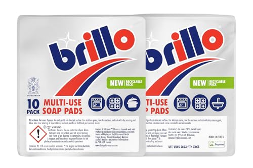 Brillo Multi-Use Soap Pads 10pcs (Pack of 2) | Heavy-Duty Scrubbing | Pre-Loaded with Soap | Removes Tough Grease & Grime | Multi-Surface Cleaning | Rust & Stain Remover for Kitchen & Outdoor Use