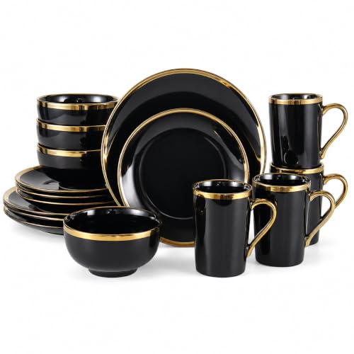 Loymokinar 16-Piece Porcelain Dinnerware Set for 4 Black and Gold