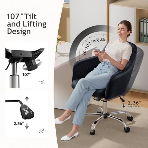 Image of Warmiehomy Velvet Desk Chair for Home Office, Modern Adjustable Swivel Task Chair, Women Vanity Chairs with Arm Rest for Bedroom Dressing Room, Classic Black