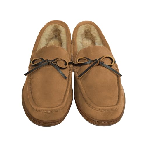 Cole Haan Cole Haan Men’s Microsuede Moccasin Slippers – Indoor-Outdoor Soft Plush Slip-Ons, Suede Upper, Faux Fur for Warmth, Golden Honey, 11