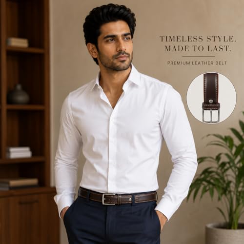 Image of Men's Leather Belt, Black, Silver-Tone Buckle, Stitched Edges, Formal Dress Style