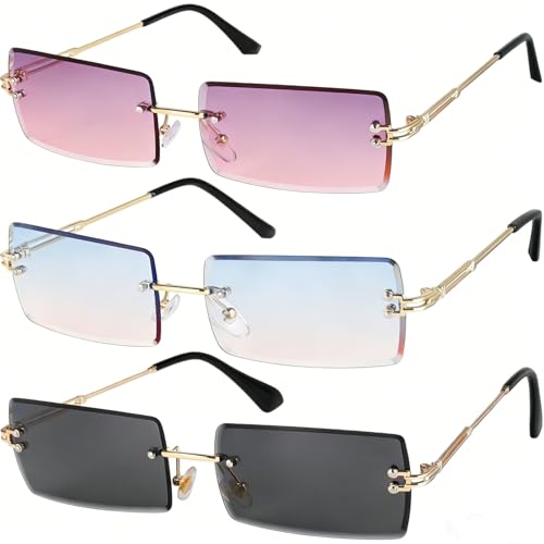 Image of Xinlon Pack of 3 rectangle rimless sunglasses, retro ultra-small frame sunglasses, rimless sunglasses, gradient glasses, shades UV400, transparent fashion, masculine for men and women